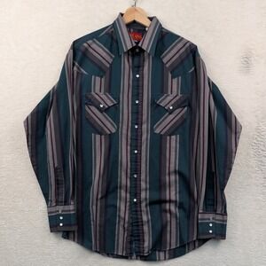 VTG Ely Plains Button-Down Shirt Men's L Teal Striped Western Pearl Snap 90s